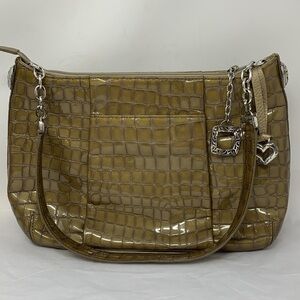 Brighton Croc Embossed Metallic Olive Gold Y2K Shoulder Bag Silver Chain Glam